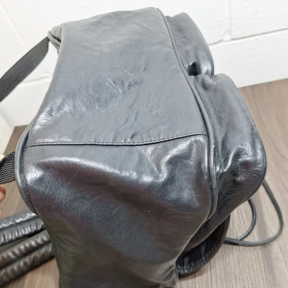 Nexus Backpack Black Faux Leather Vintage Drawstring Flap Pockets Large Size